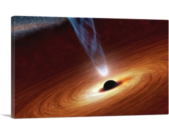 May include: A black hole in space with a bright blue jet of energy emanating from it. The black hole is surrounded by a swirling orange accretion disk.