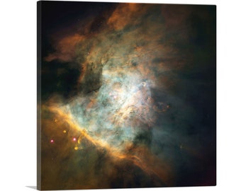 May include: A vibrant nebula with swirling clouds of gas and dust in shades of blue, orange, and yellow. The nebula is illuminated by stars, creating a celestial landscape.
