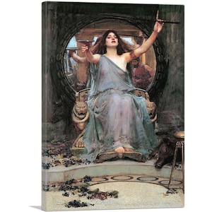 May include: A painting of a woman in a flowing blue gown, holding a goblet and a staff, seated on a throne with lion head armrests. She is surrounded by a circular frame and a dark background.