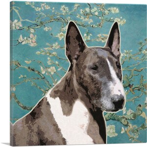 ARTCANVAS Bull Terrier Dog Breed Teal White Flowers Canvas Art Print