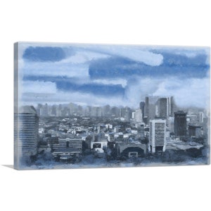 May include: A watercolor painting of a city skyline with blue clouds in the background. The buildings are mostly gray and white, and the city is spread out in the distance.