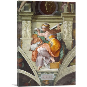 May include: A painting of a woman holding a book and a quill, with a child sitting on her lap. The woman is wearing a yellow and white dress, and the child is wearing a white robe. The painting is set against a background of a stone archway and a blue sky.