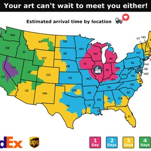May include: A map of the United States showing estimated delivery times for FedEx and UPS. The map is color-coded by delivery time, with 1 day delivery in pink, 2 days in blue, 3 days in yellow, 4 days in green, and 5 days in purple.