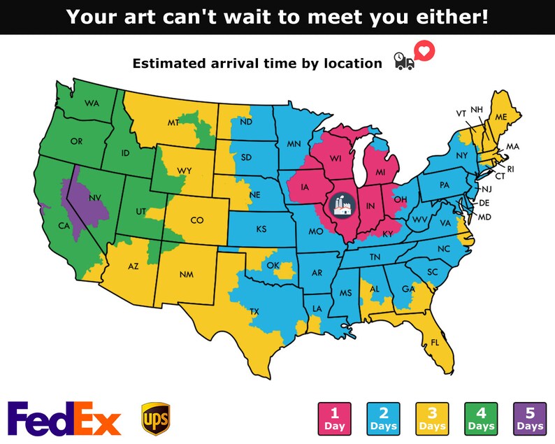 May include: A map of the United States showing estimated delivery times for FedEx and UPS. The map is color-coded by delivery time, with 1 day delivery in pink, 2 days in blue, 3 days in yellow, 4 days in green, and 5 days in purple.