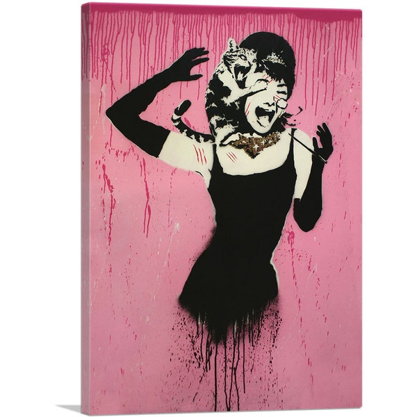 ARTCANVAS Audrey Hepburn Attacked By Cat by Banksy Canvas Art Print 26"x18"