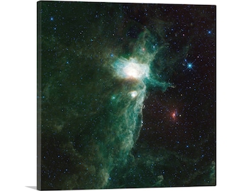 May include: A vibrant green nebula with a bright, white star at its center. The nebula is surrounded by a dark, starry sky.