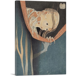 May include: A traditional Japanese woodblock print depicting a skeletal figure with long black hair peeking out from behind a red curtain. The figure's skeletal features are visible, and the print is set against a dark blue background.