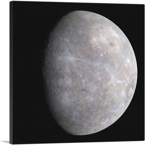 May include: A close-up image of Mercury, the smallest planet in our solar system, showing its heavily cratered surface against a black background.