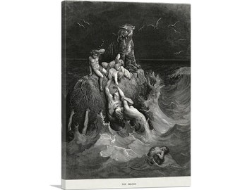 Può includere: Un'illustrazione in bianco e nero di una scena dell'Inferno di Dante. L'immagine rappresenta un gruppo di persone aggrappate a una roccia in un mare tempestoso. Una grande tigre si trova sulla roccia, guardando il mare. Il testo "THE DELUGE" è stampato in basso nell'immagine.
