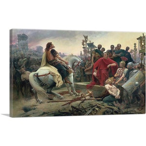 May include: A historical painting depicts a man on a white horse, surrounded by figures in Roman attire. The artwork features a dramatic scene with a red-robed figure and a crowd, set against a backdrop of a building and a cloudy sky. The painting is mounted on a canvas.