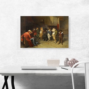 May include: A painting of a group of animals dressed in human clothing, standing in a line in front of a man sitting in a chair. The animals are wearing hats and coats, and the man is wearing a red and white coat. The painting is set in a room with a wooden floor and a staircase in the background.