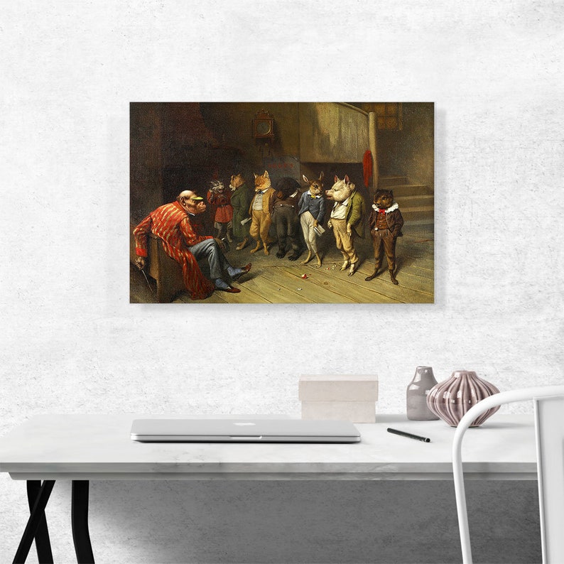 May include: A painting of a group of animals dressed in human clothing, standing in a line in front of a man sitting in a chair. The animals are wearing hats and coats, and the man is wearing a red and white coat. The painting is set in a room with a wooden floor and a staircase in the background.
