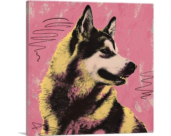 May include: A black and yellow husky dog with pink accents on a pink background with black squiggly lines.