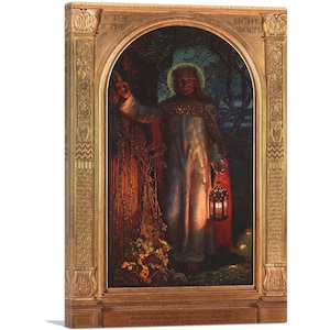 May include: A painting of a man in a white robe holding a lantern, standing in a forest. The painting is framed in gold and has the text "The Light of the World" at the top.