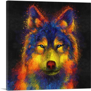 May include: A colorful wolf portrait with blue, yellow, orange, and red paint splatters on a black background. The wolf's eyes are blue and the nose is red.