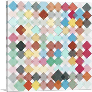 May include: Abstract geometric pattern with a white background and colorful diamond shapes in shades of blue, green, red, yellow, and gray.