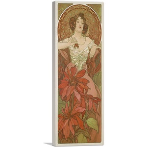 May include: A vintage art nouveau poster featuring a woman in a white dress with a red flower in her hair, sitting amongst red flowers. The poster has a green and gold background with a decorative border.