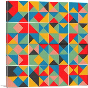 May include: A square canvas art piece featuring a geometric pattern. The design is composed of various shapes, including triangles and diamonds, in a vibrant color palette of red, blue, yellow, green, and black. The artwork is divided into a grid of squares.