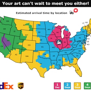 May include: A map of the United States showing estimated delivery times for FedEx and UPS. The map is color-coded by delivery time, with 1 day delivery in pink, 2 days in blue, 3 days in yellow, 4 days in green, and 5 days in purple.