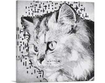 May include: Black and white digital art print of a cat's face. The cat has a fluffy coat and a piercing gaze. The background is a pattern of black and white squares.