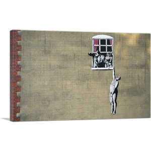 ARTCANVAS Naked Man Hanging from Window by Banksy Canvas Art Print