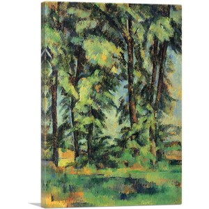 May include: A painting of a forest scene with tall, slender trees in shades of green, blue, and yellow. The trees are clustered together, creating a sense of depth and mystery. The painting is done in a style that is reminiscent of Impressionism.