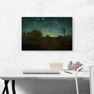 May include: A painting of a dark, rural landscape at night with a dirt road leading into the distance. The sky is filled with stars and a shooting star streaks across the sky. The trees in the foreground are silhouetted against the night sky.