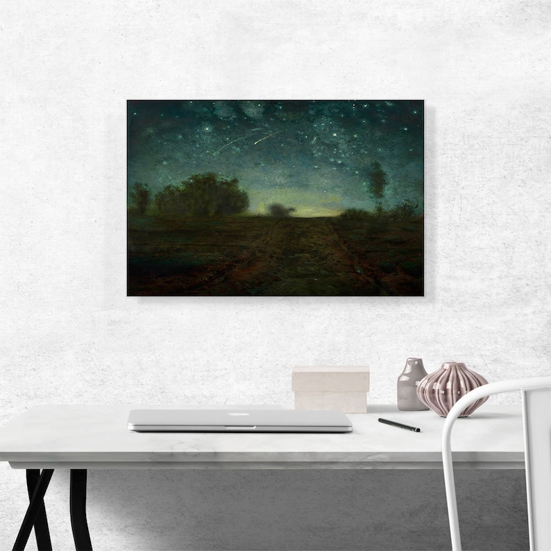 May include: A painting of a dark, rural landscape at night with a dirt road leading into the distance. The sky is filled with stars and a shooting star streaks across the sky. The trees in the foreground are silhouetted against the night sky.