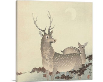 ARTCANVAS Two Deer with Moon by Ohara Koson Canvas Art Print