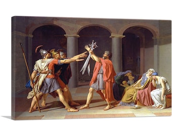 May include: A painting depicting a dramatic scene with a man holding up swords in a room with columns.  He is surrounded by other figures, some of whom are crying. The painting is set in a classical style.