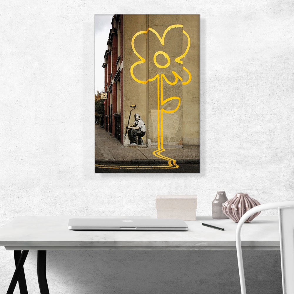 ARTCANVAS Yellow Lines Flower Painter by Banksy Canvas Art Etsy