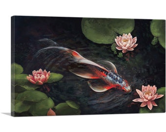 ARTCANVAS Red Koi Carp Fish Lotus Flower Pond Leaves Canvas Art Print