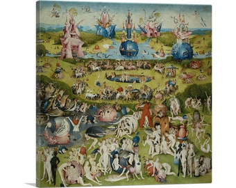 May include: A colorful and detailed painting depicting a fantastical landscape with numerous figures, animals, and objects. The scene is filled with vibrant colors, including greens, blues, reds, and yellows. The painting is a complex and intricate work of art, with many details to explore.