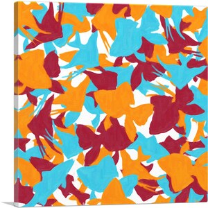 May include: Abstract art print featuring a white background with a pattern of overlapping shapes in orange, turquoise, and burgundy.