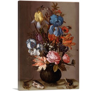 May include: A still life painting of a bouquet of flowers in a dark brown vase. The flowers include irises, roses, and tulips in shades of blue, yellow, pink, and red. The vase is on a table with a seashell and a small lizard.