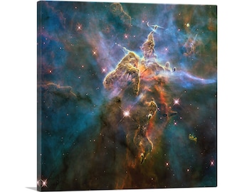 May include: A vibrant nebula with swirling clouds of gas and dust, illuminated by bright stars. The nebula is a mix of blue, green, orange, and red hues, creating a stunning cosmic landscape.