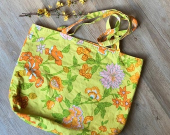 tote bag in cotton printed liberty yellow and blue flowers vintage style French fabric bag