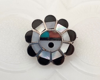 Vintage Zuni Sterling Silver Brooch, Mother of Pearl, Turquoise, Native American Brooch, Inlay Pin, Southwestern Jewelry, Boho Chic