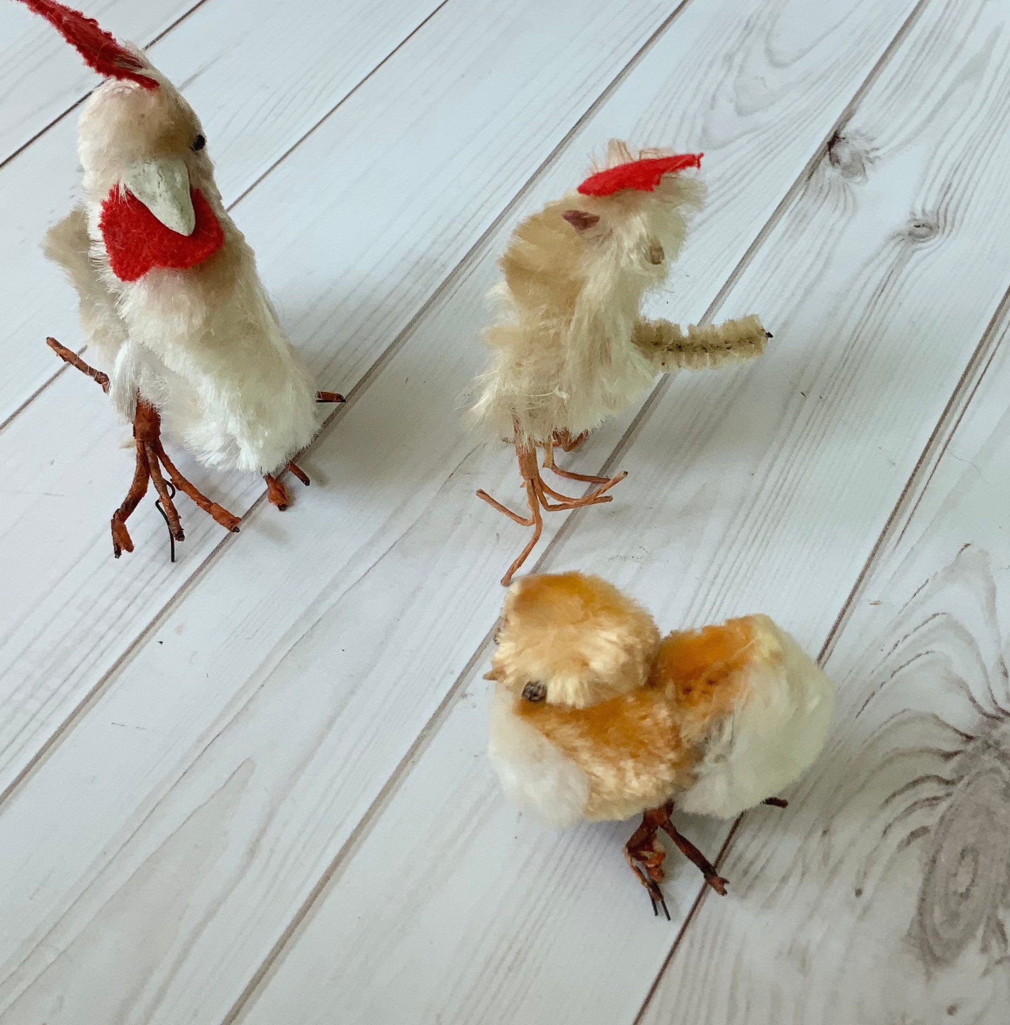 Large chicks Feathers Yellow Cotton Batting Vintage Pompom Chicks s 3 Easter Chicks Paper Covered Wire Feet Made in Japan