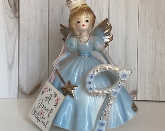 Vintage Josef Original 9th Birthday Angel, Crown and Wand, Girl Angel Figurine, Birthday Gift, Cake Topper, Japan, 1960s