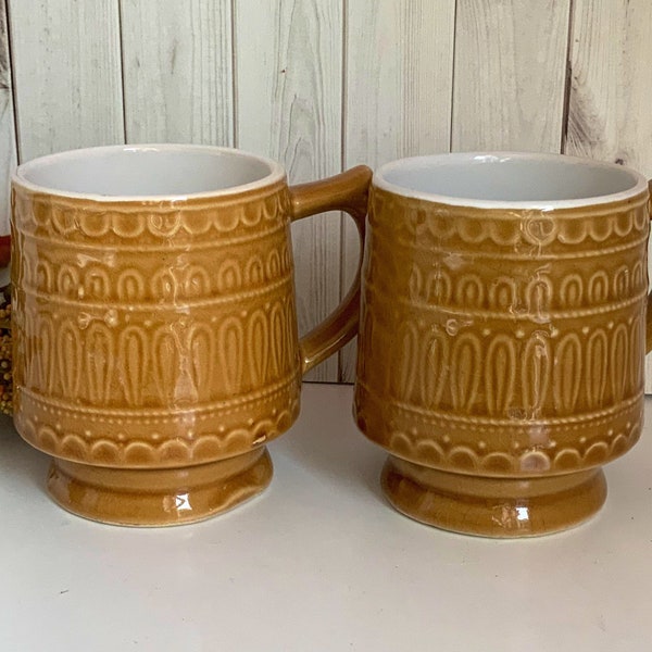 Vintage Stoneware Mugs, Gold Coffee Cups, Mid Century, Retro Kitchen Decor, Japan, Thanksgiving, 1960s