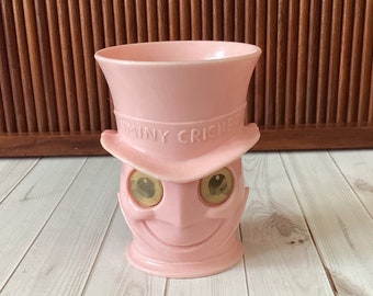 Vintage Disney, Jiminy Cricket Plastic Cup, Molded, Lenticular Eyes, Pinnochio, Walt Disney Productions, Souvenir, USA, Disneyana, 1960s