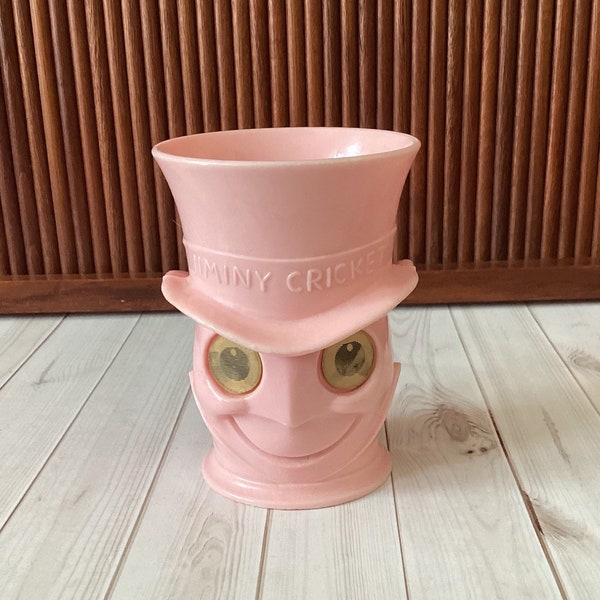 Vintage Disney, Jiminy Cricket Plastic Cup, Molded, Lenticular Eyes, Pinnochio, Walt Disney Productions, Souvenir, USA, Disneyana, 1960s