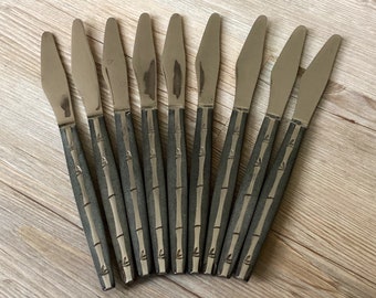 Vintage Bamboo Knives, Stainless Steel, Silver Inlay, Mid Century Silverware, Ebony Handles, Set of Nine, Japan