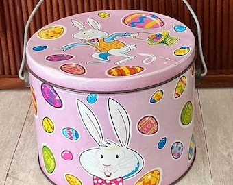 Vintage Bunny Rabbit Tin Pail, Popcorn Bucket, The Popcorn Factory, Easter Eggs, Vintage Easter, Spring Decor, 1990s