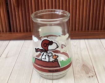 Vintage Welch's Peanuts Jelly Glass, Snoopy, Woodstock, Flying Ace, Swanky Swig, Retro Küchendekor, Nostalgie, 1990er Jahre