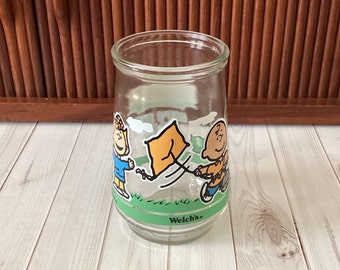 Vintage Welch's Peanuts Jelly Glass, Charlie Brown, Sally, Drachenfliegen, Swanky Swig, Retro Küchendekor, Nostalgie, 1990er Jahre