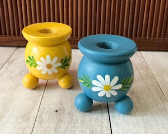 Vintage Swedish Wooden Candleholders, Scandinavian Decor, Hand Painted, Folk Art, Mid Century Mod, Scandi Decor