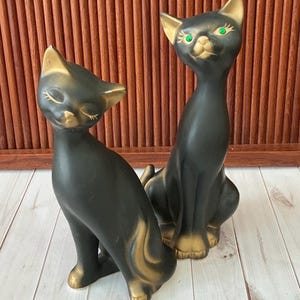 Mid Century UCAGCO Cat Figurines, Black with Gold Accents, Green Rhinestone Eyes, Long Necks, MOD, Kitschy, Japan