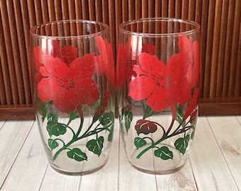 Vintage Rote Hibiskusgläser, Trinkgläser, Anker Hocking, Tropisch, Vintage Küche, Mid Century, Sommer, 1960er Jahre